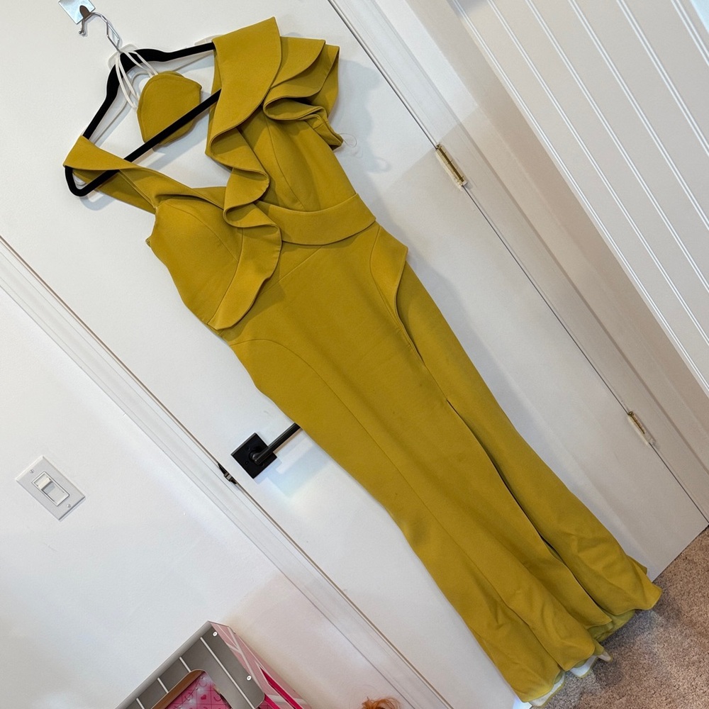Helin Turkish Haute Couture Elegant Mustard Ruffle Dress